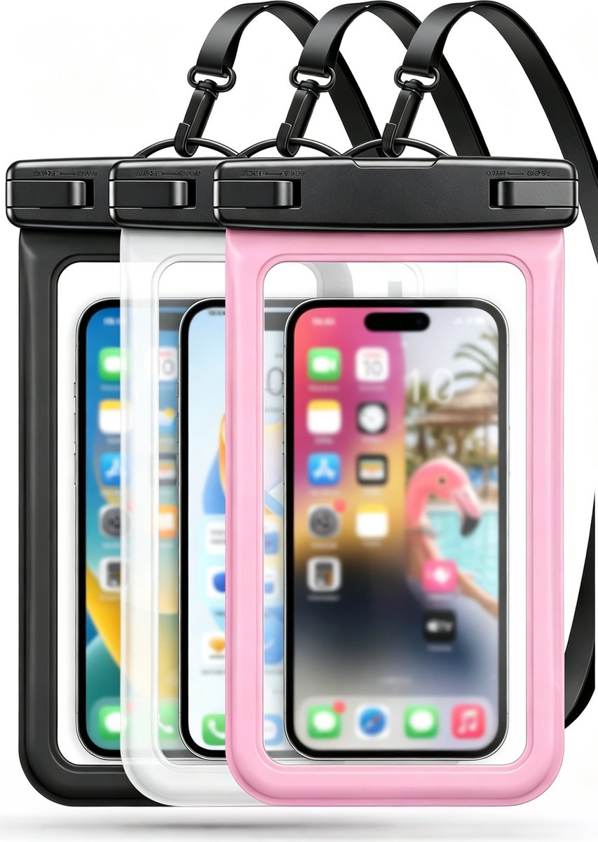 Waterdichte tas - 3 Pack Waterdichte Telefoonhoes IPX8 – Universele Waterproof Telefoonhoes tot 8,3 Inch – Transparante Touchscreen Bescherming – Strand, Zwemmen & Watersport - Zwart Wit Roze