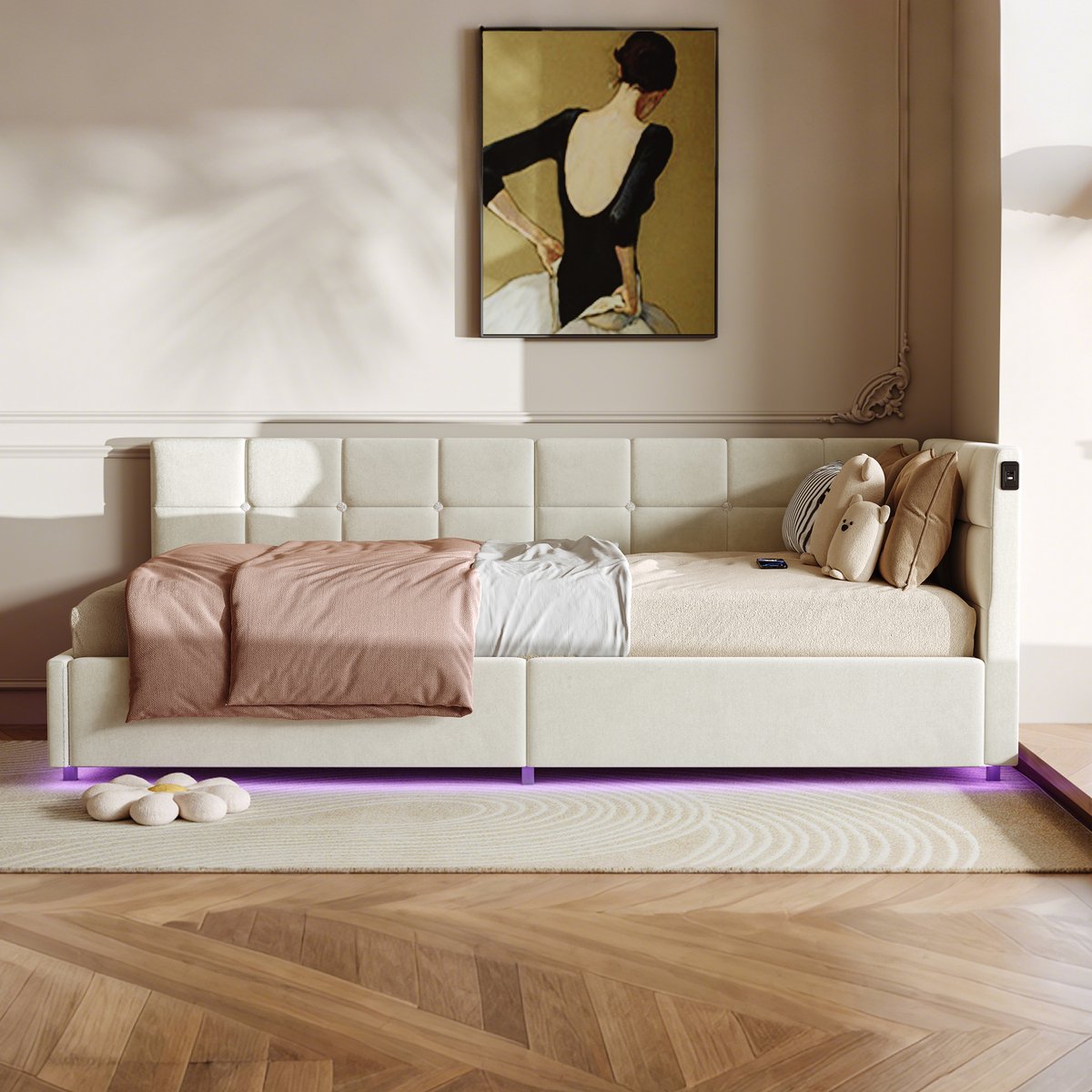 Daybed 90x200 met LED & USB – Velvet Beige Eenpersoonsbed – Bedframe met Opbergruimte en Liftfunctie – Gestoffeerd Kinderbed/Tienerbed
