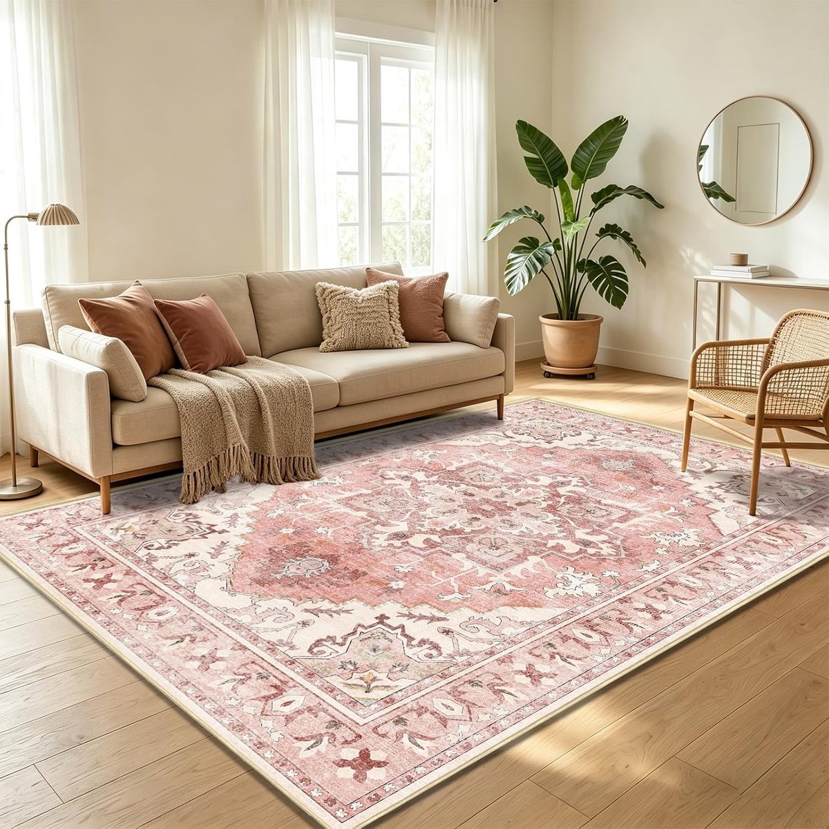 Perzisch Stijl Vloerkleed,Kortpolig,Machinewasbaar,Antislip,120x160cm,Zachtroze,Geschikt voor Slaapkamer & Woonkamer