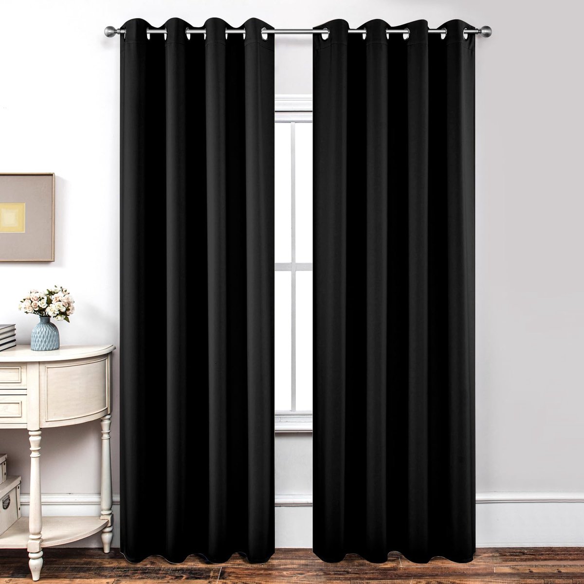 Ondoorzichtige warmte-isolerende verduisteringsgordijnen met ringen, hittebescherming, gordijn voor slaapkamer, woonkamer, 2 stuks, (zwart, 200 x 140 cm)