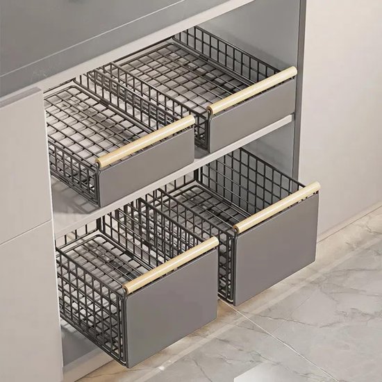 Telescopische lade voor keukenkasten, organizer zonder boren met houten handvat, glijrails en plakband, 39,5 x 23,5 x 19,5 cm, voor reinigingsmiddelen, pannen en specerijen — afbeelding 5