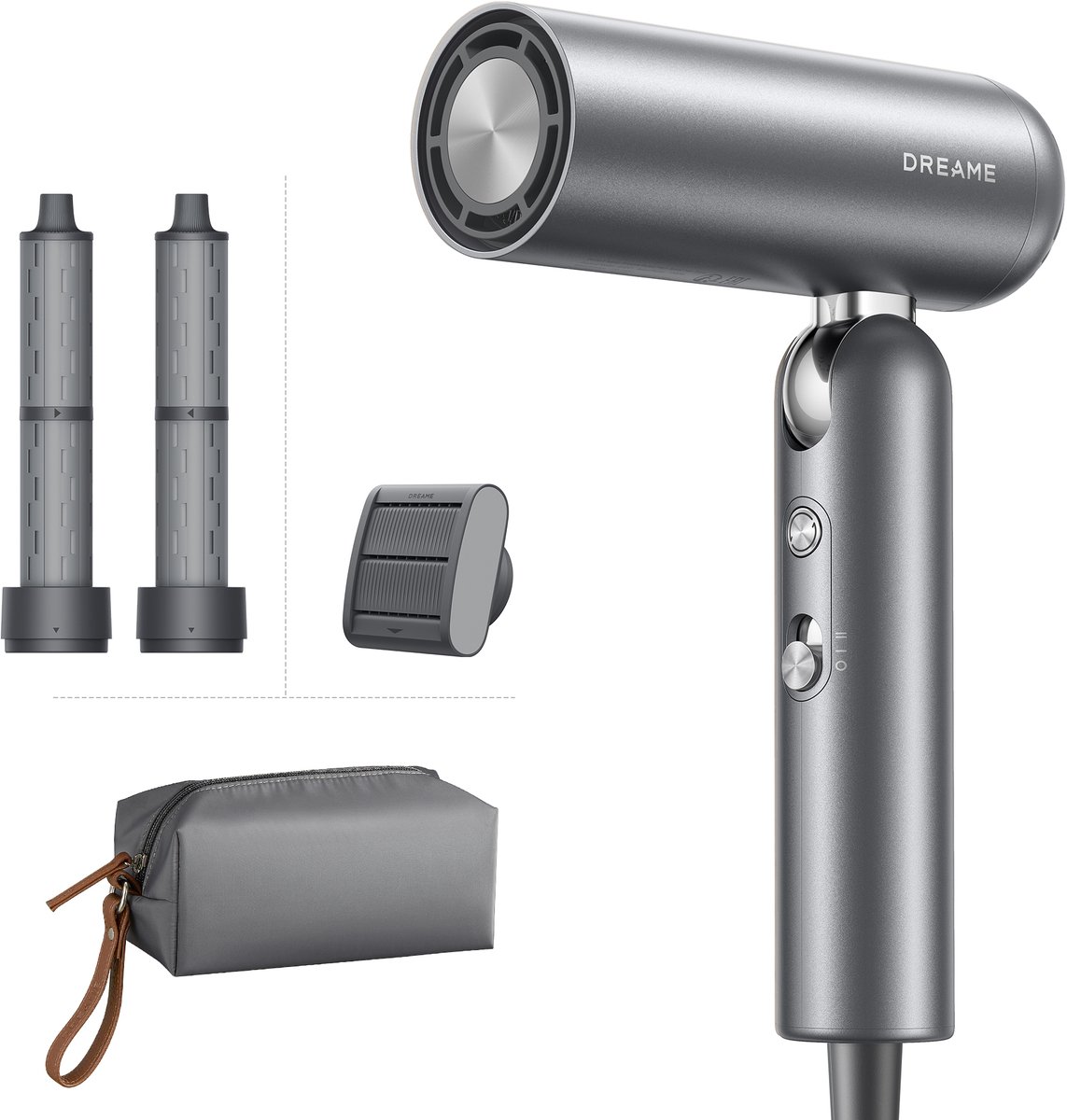 Pocket Neo 2 High-Speed Föhn Grijs - Compacte Opvouwbare Haardroger met Negatieve Ionen, 5 Standen, Antipluis-opzetstuk en 2 Krulstaven - Lichtgewicht 300g Reisföhn