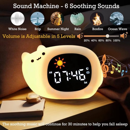 Alarm Clock Night Light with 8 Colors Light and 6 White Noises, Sleep Training Digital Clock, Adjustable Bright and Sound, Gifts for Kids - Cat — afbeelding 5
