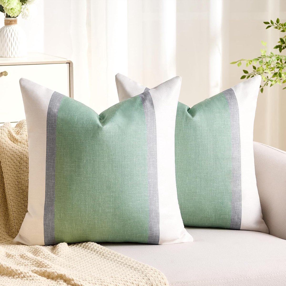 Kussenhoes Salbeigroen Kussen met Streepjes Sofakussen Dekokissen Kussenovertrek 40x40cm Set van 2 Moderne Luxe Deko Couchkussen voor Sofa Woonkamer Slaapkamer Kussen