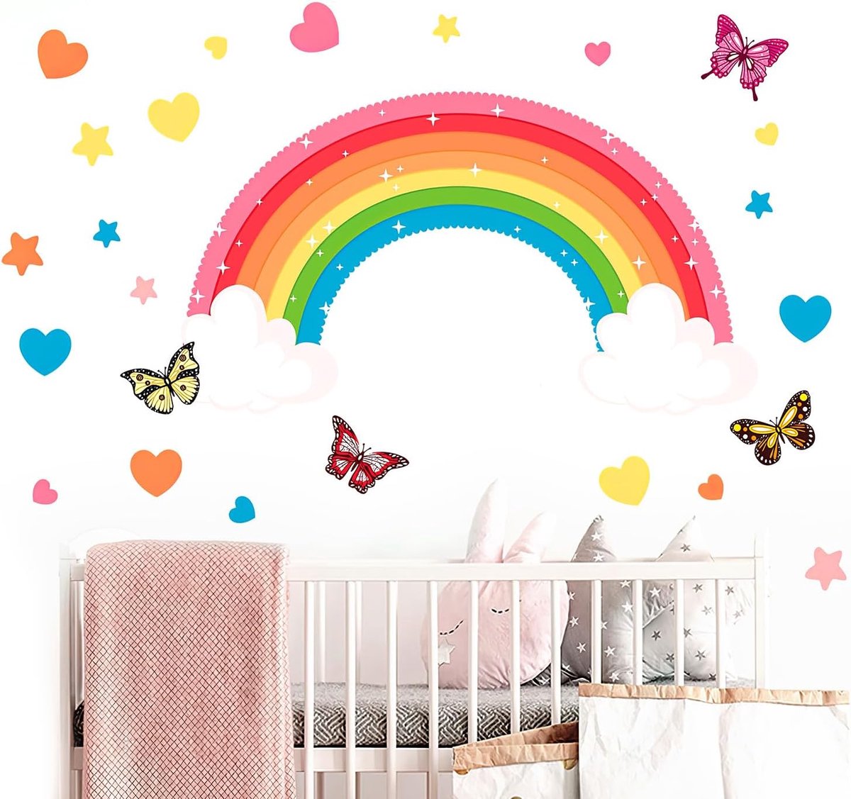 Muursticker Regenboog Wolken Vlinders Meisjes Muursticker Wanddecoratie voor Meisjeskamer Kinderkamer Babykamer