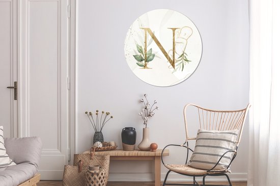 WallCircle - Wandcirkel - Muurcirkel - Letters - N - Baby - Goud - Aluminium - Dibond - 90x90 cm - Binnen en Buiten