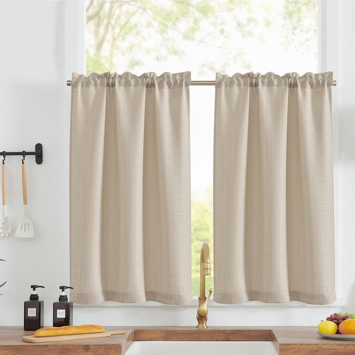 Vitrage keuken, beige, bistrogordijn met trekkoord, moderne gordijnen, kort, lichtdoorlatend, linnenlook, keukengordijnen voor kleine ramen, camper, keukenraam, set van 2, 115 x 90 cm (h x b)