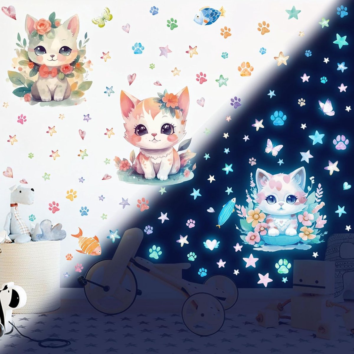 Glow in The Dark sterren voor plafond Kat muurstickers Vlinder muur decals sterren lichtgevende wanddecoratie voor jongens en meisjes baby kinderen slaapkamer woonkamer kinderkamer blauw