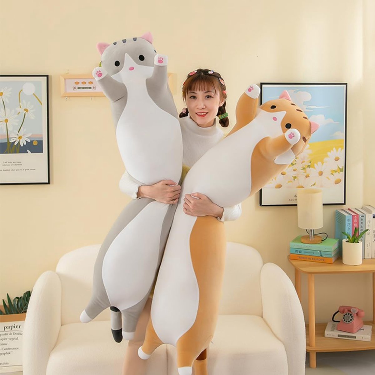 Pluche lang kussen, pluche kat, Kawaii reusachtige zachte omarmingskussen, speelgoed, cadeau voor kinderen en volwassenen, 1 stuk, oranje, 50 cm