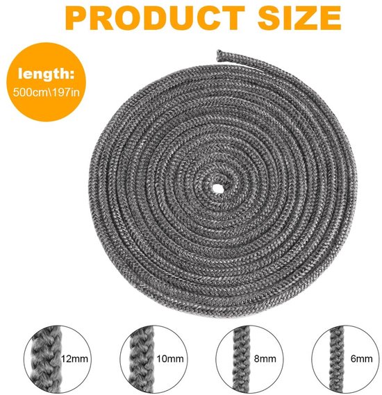 Deurafdichting voor oven, vuurvaste afdichtingskoord, pelletkachel, hoge temperatuur, isolatietape van vezel, voor kachelpijpen, ovendeur, open haard (diameter 10 mm x 5 m) grijs — afbeelding 4