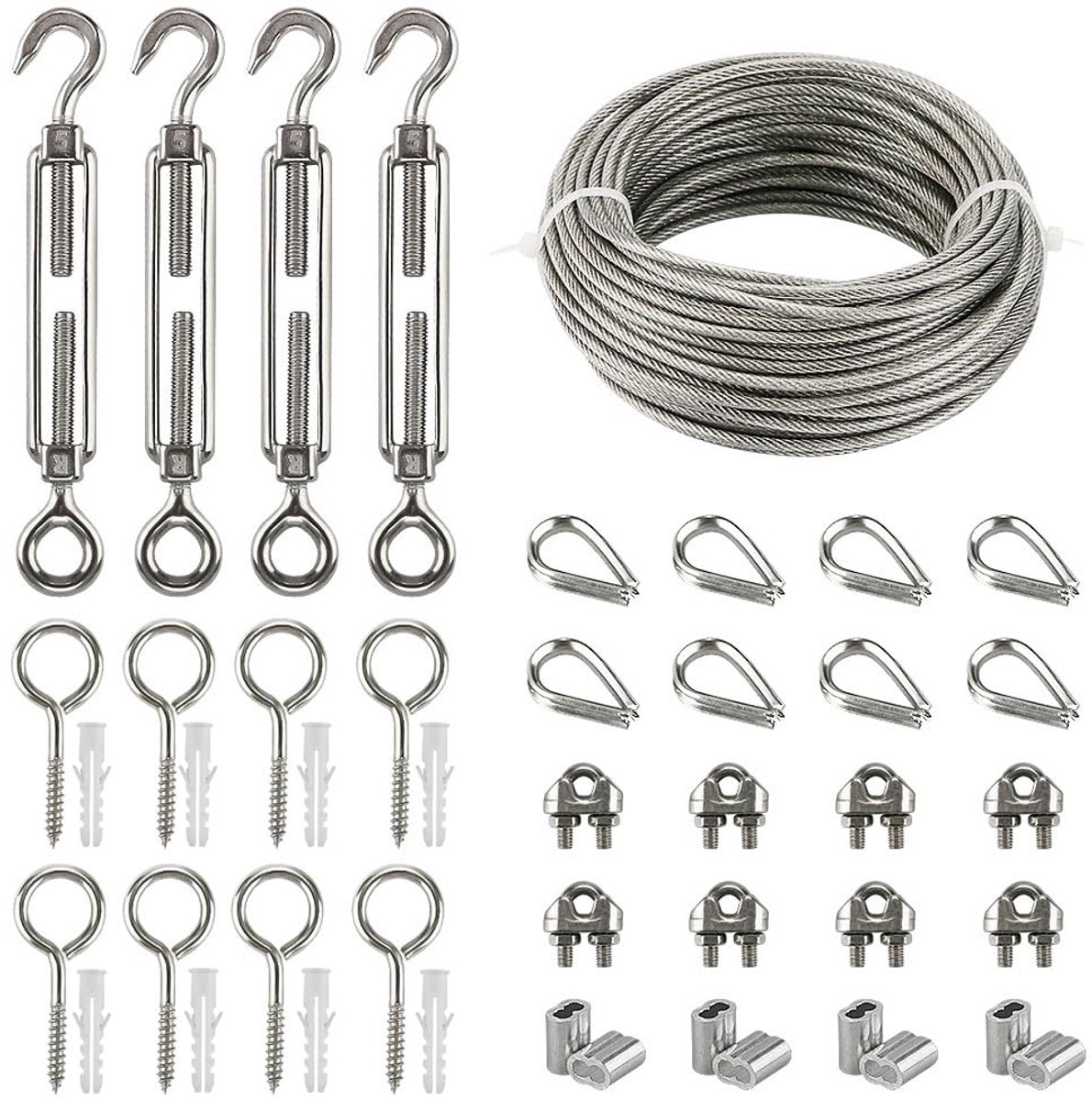 Draadkabel van roestvrij staal, 20 m, klimhulp, stalen kabel met spanschroef, kabelspanner, M5 haak + oogschroef, draadkabelklemmen, kabelkousen, aluminium kabelklemmen, klimhulp van roestvrij staal