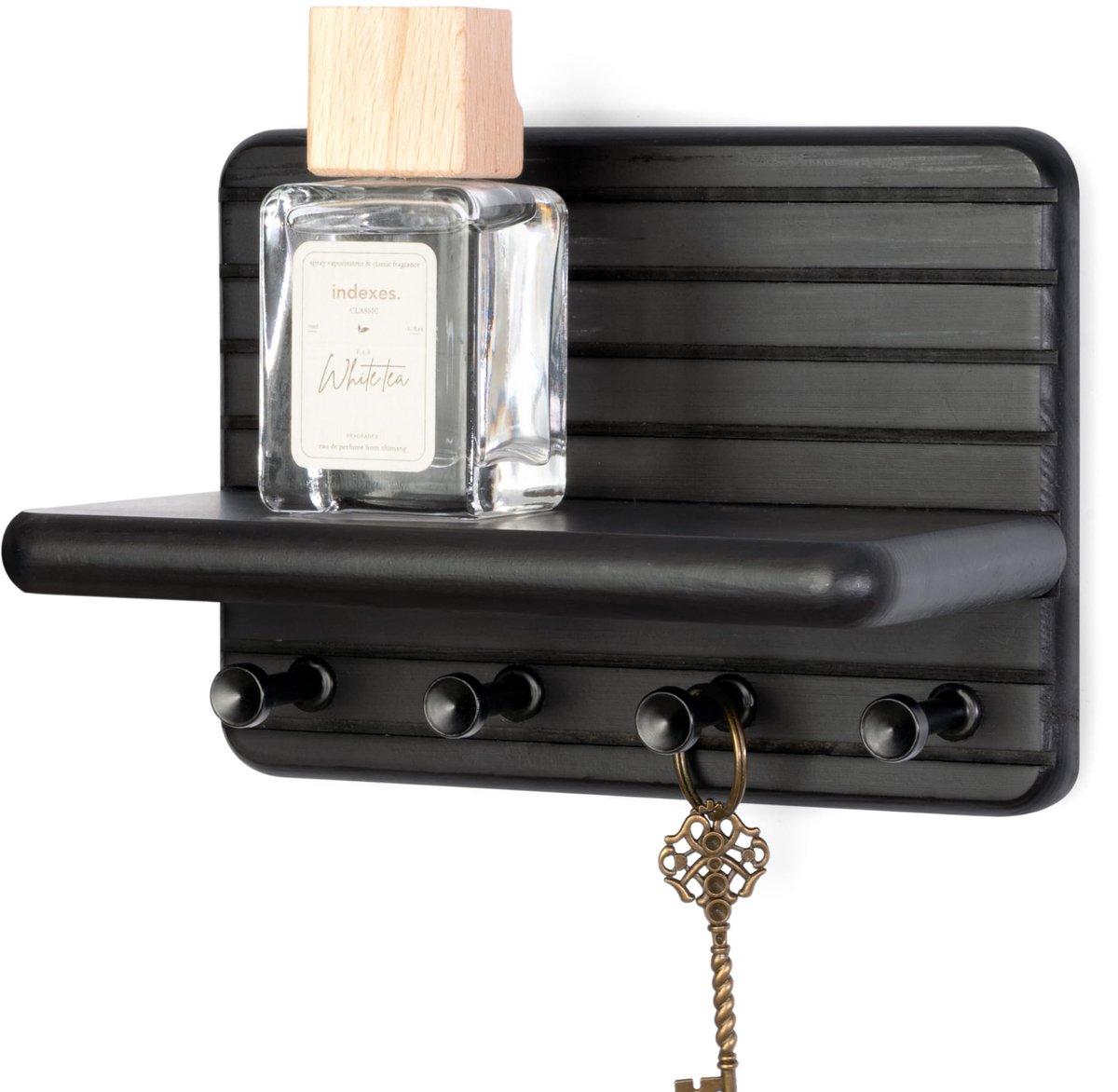 Vision Kleine sleutelhouderbeugel voor aan de muur voor thuisdecoratie – Moderne 18 cm sleutelrek voor aan de muur met 4 stevige haken en mini zwevende plank - Ideaal opbergoplossing voor kleine