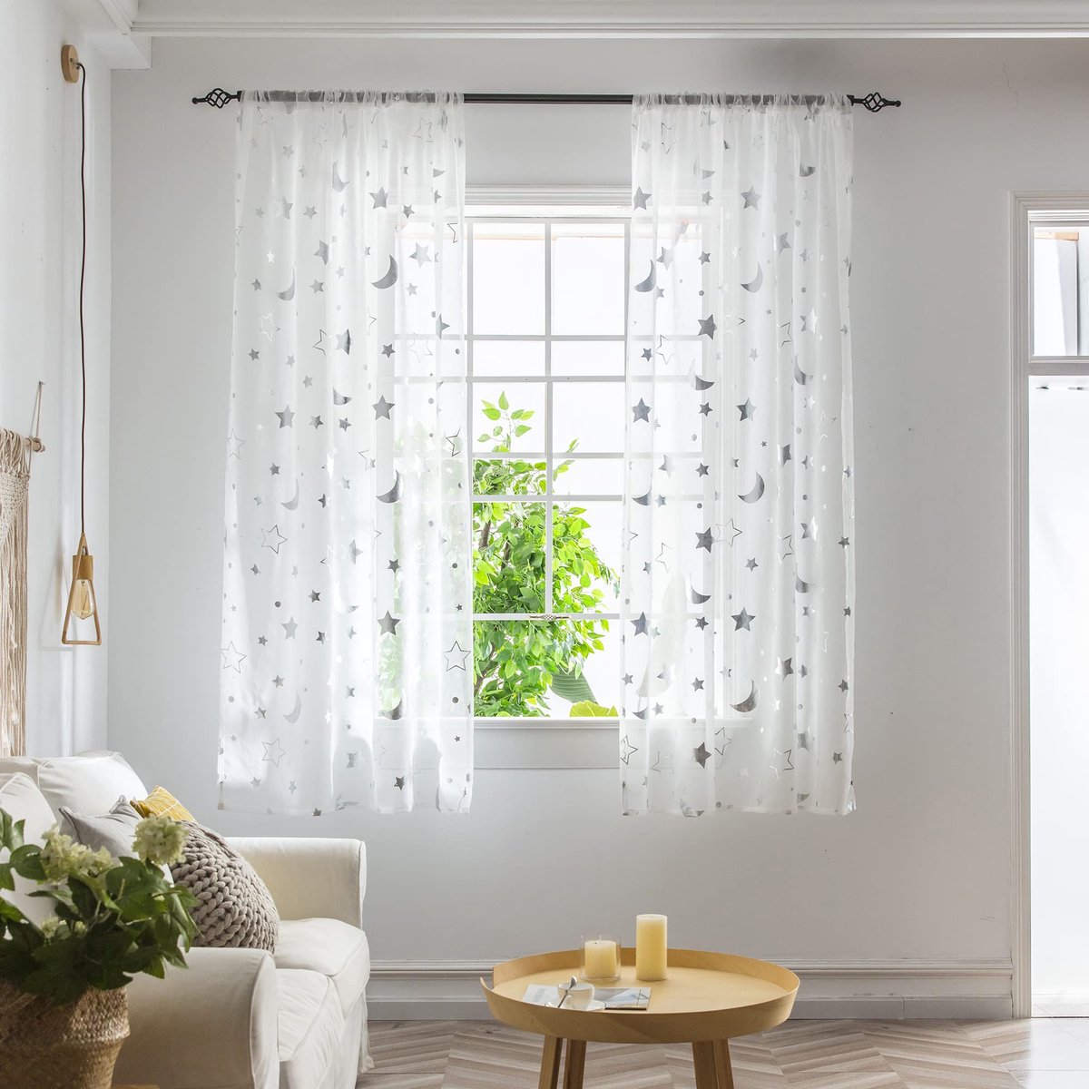 Gordijnen met sterren en maan voor raamdecoratie, gordijnen met roedezak en gordijnen voor slaapkamer, studeerkamer, woonkamer, zilver, 2 panelen, 99 x 130 cm