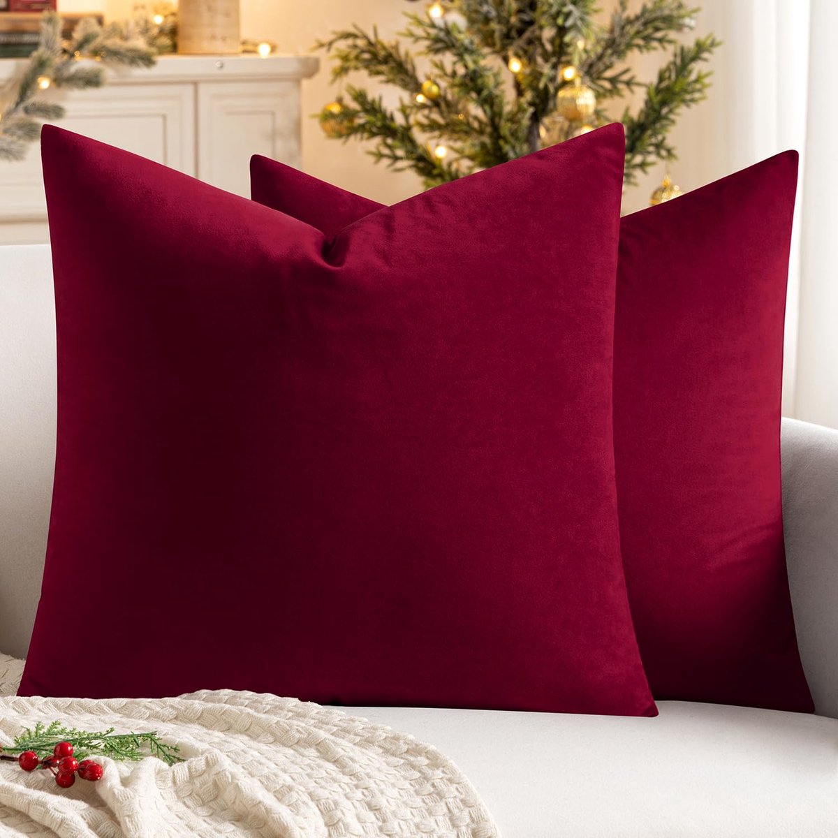 Fluweelzachte, decoratieve kussenhoezen voor woonkamer, bank, slaapkamer, met onzichtbare rits, vierkant, 60 x 60 cm, 2 stuks, wijnrood (Wine Red)