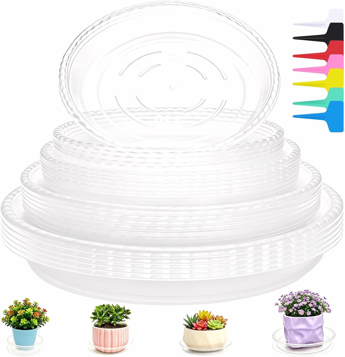 Schotels 11.5/13/15/17cm Herbruikbare Lekbakken voor Plantenpotten, Ronde Plastic Druppelbakken met 28 Etiketten voor Bloemen Binnen en Buiten, op Het Balkon