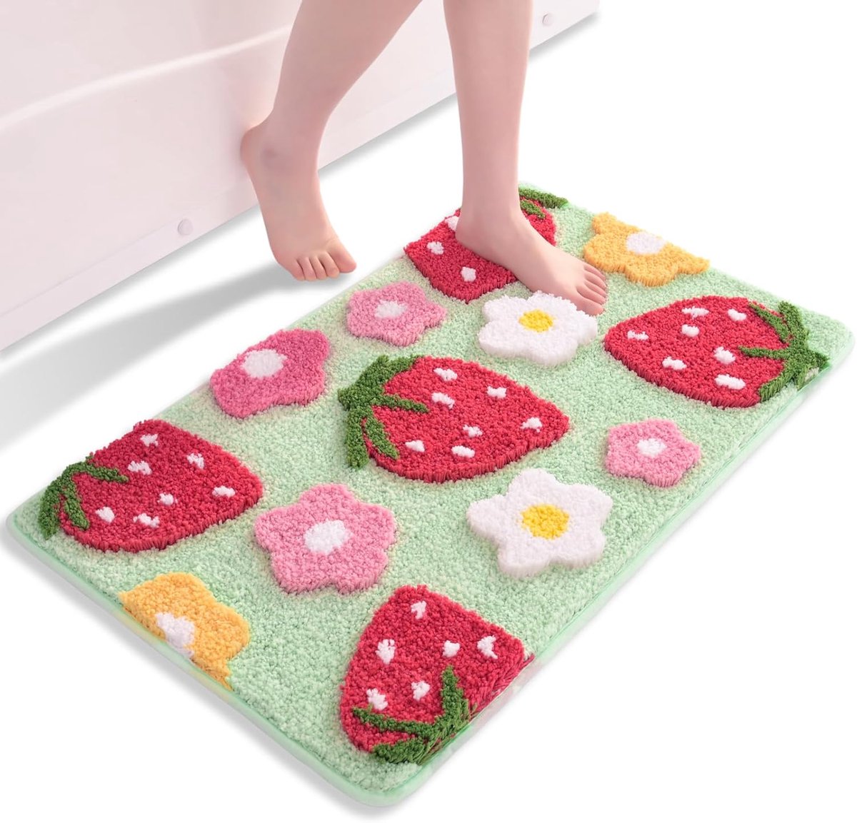 Groen badkamertapijt, aardbeien, badmat, antislip, wasbaar, badmat, kleurrijk, zachte microvezel, douchemat, absorberend, badkamertapijt, 45 x 65 cm