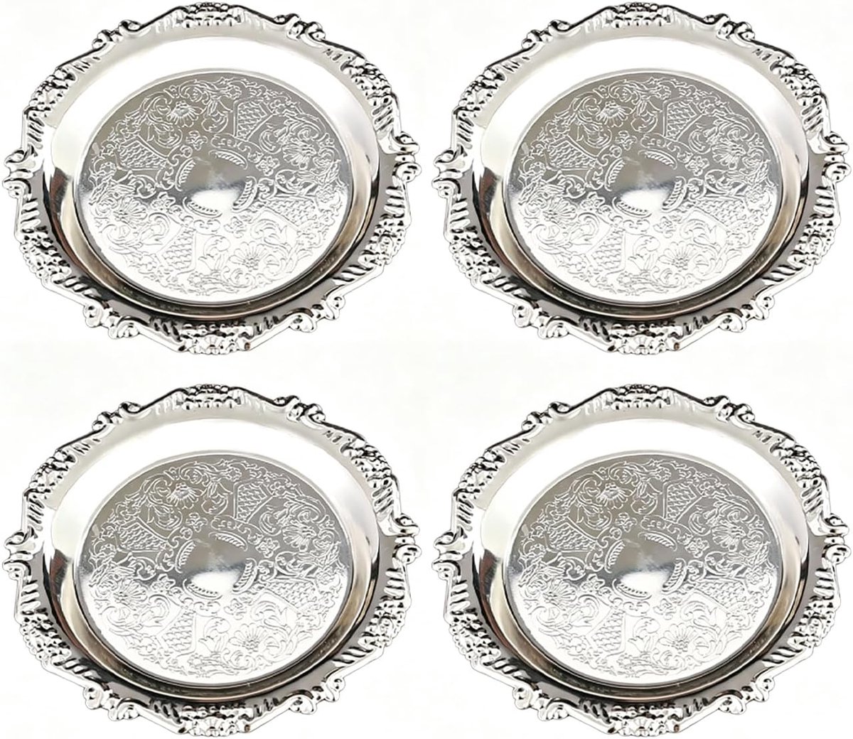 4 Stuks Zilveren Reliëf Trays, Retro Sieraden Trays, Ronde Klassieke Kandelaars, Display Staat Voor Snacks En Desserts Thuis.