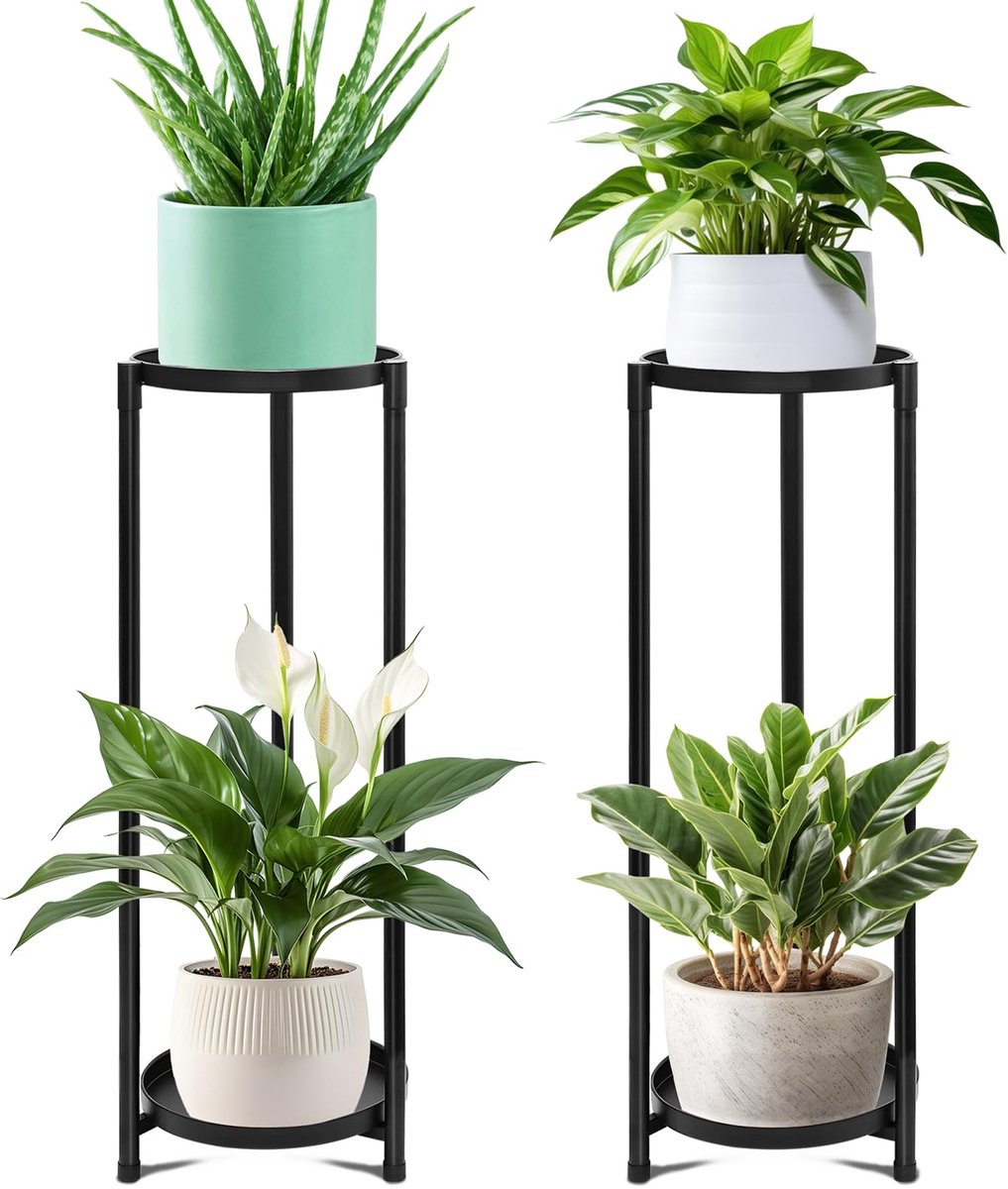 Plantenrek, 2 etages, bloemenrek, outdoor, set van 2, bloemenstandaard, plantenstandaard, indoor, metaal, zwart, bloempotstandaard, bloemenbank, bloementrap, plantentrap voor binnen, balkon, tuin,