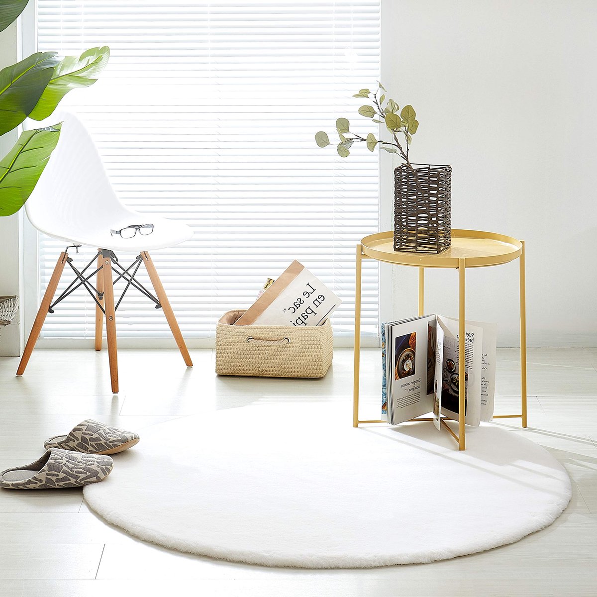 Wölkchen Pluizig Tapijt Van Imitatiebont - Konijnenbont, Kort Bont, Hoogpolig Bont-Tapijt Voor Woonkamer Of Slaapkamerkleed Rond - Wit - 120cm Rond