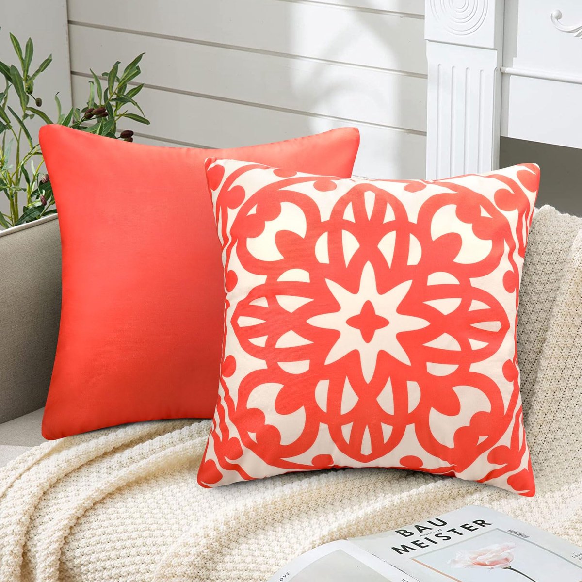 Set van 2 kussenslopen, perzik, koraal, superzacht, mandala-patroon, decoratieve kussenslopen, voor woonkamer, slaapkamer, bed, stoelen, tuin, 50 x 50 cm