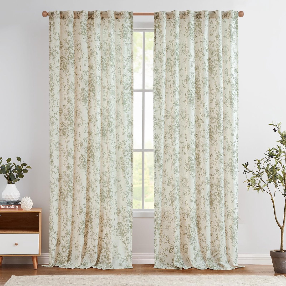 Linnengordijnen, bloemmotieven met plooiband, lichtdoorlatend, boerderij, lange gordijnen, raamsjaal voor woonkamer, slaapkamer, raam, set van 2, 140 x 245 cm (b x h), groen op beige