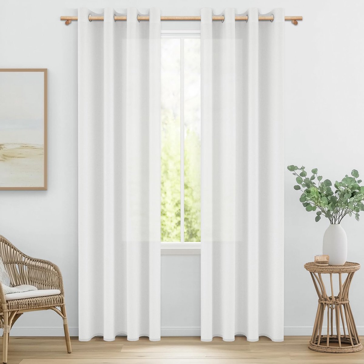Gordijnen met ingestanste ringen, linnenlook, halftransparant, voor slaapkamer en woonkamer, raamgordijnen, 240 cm lang, 140 cm breed, luchtig gordijn, woonkamer, raam, gordijnen