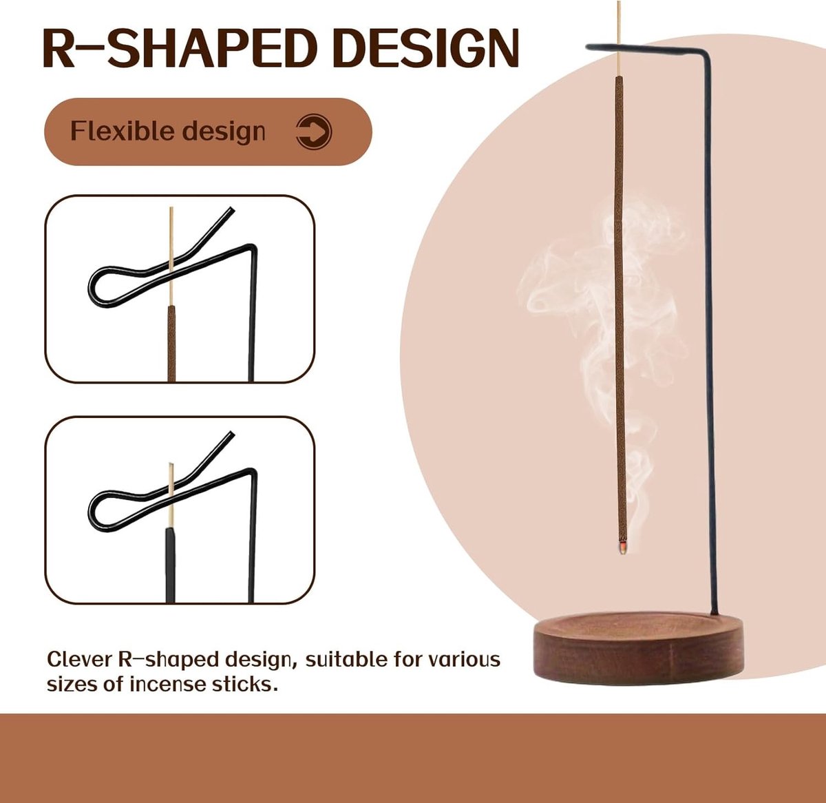 Handgemaakte 2-in-1 wierookstokjeshouder met borstel, houten basis voor yoga en meditatie, set van 3 stuks