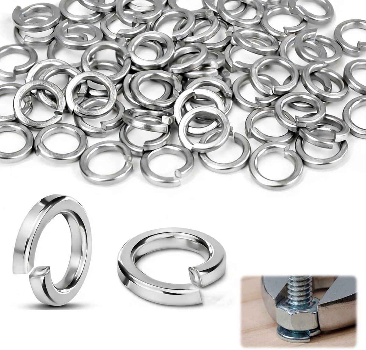 veerring, M8, spiraalvormige veerringen, A2/V2A roestvrij staal, gladde sluitringen, carrosserieschijven, spiraalvormige, onderlegborgring voor huishoudelijke apparaten, mechanische