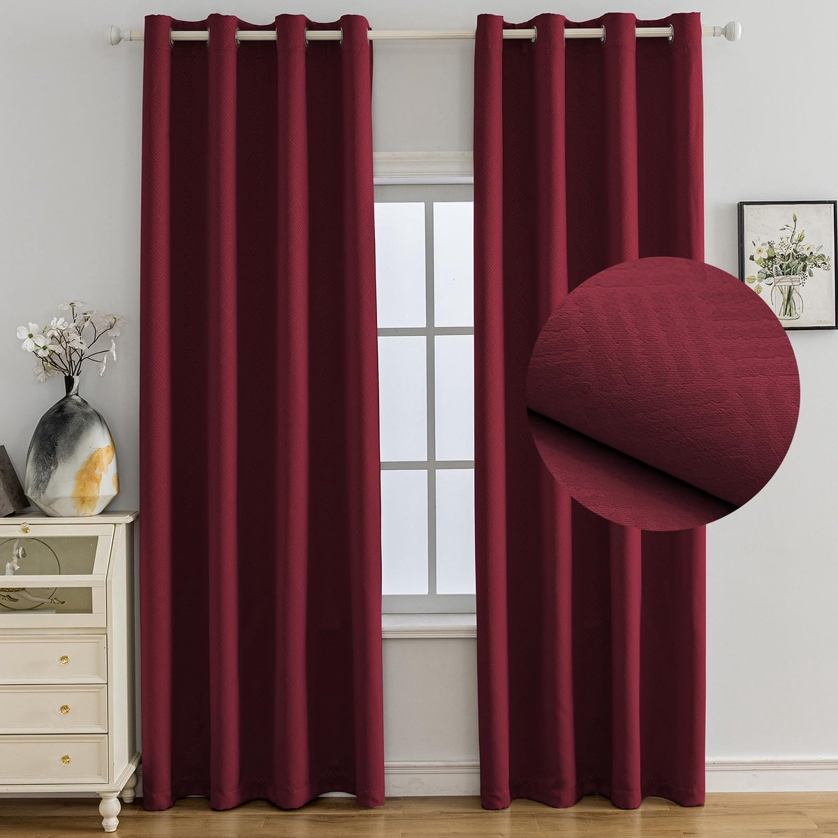 Set Van 2 Thermische Verduisterende Gordijnen, 140x160 CM, Warmte-Isolerende Gordijnen, Geschikt Voor Woonkamer Slaapkamer, Modern Design Met Oogjes, Bourgondisch