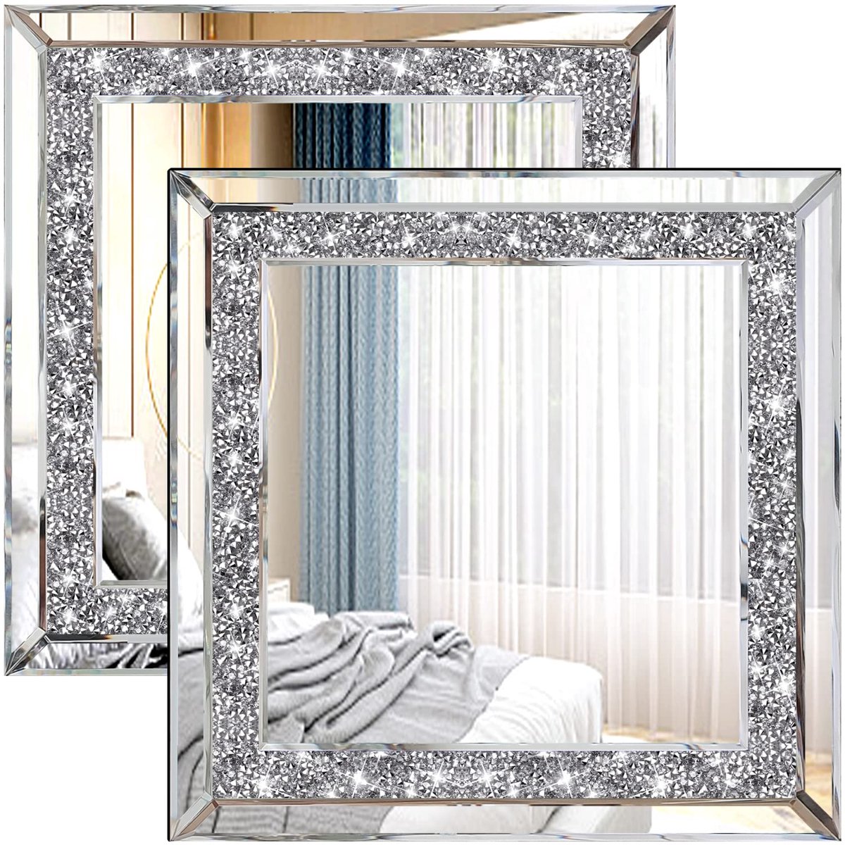 2 stuks kristallen strass diamanten wandspiegel. Briljante handgesplitste glazen spiegel. Accent decoratieve spiegel voor gang/badkamer/slaapkamer (30 x 30 cm)