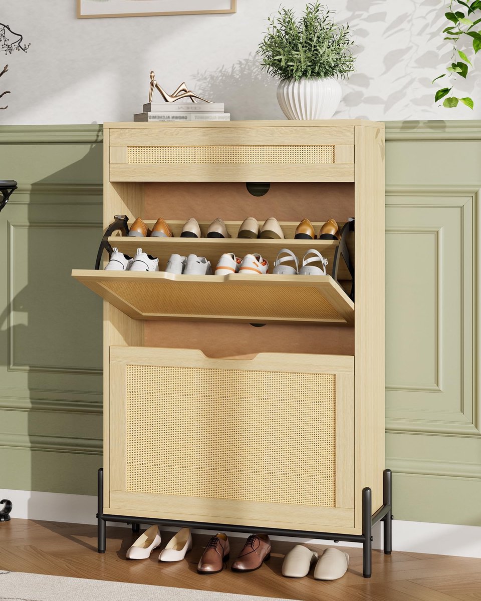 Schoenenkast Smal Voor 8-16 Paar Schoenen - 60x22x104.5cm - Schoenenrek - Schoenenmeubel Rattan - 2 Kleppen en 1 Lade - Vrijstaand - Verstelbare Planken - Voor Hal En Woonkamer - Houtkleur