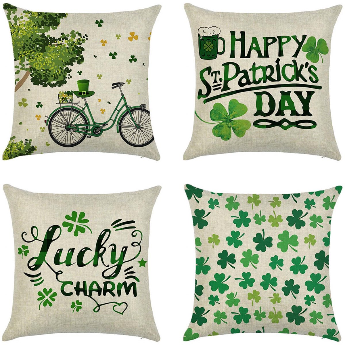 Set van 4 kussenslopen 65 x 65 cm groene bladeren decoratieve kussenslopen linnen vierkante kussenslopen met onzichtbare rits voor bank slaapkamer woonkamer tuin dubbelzijdige kussenslopen