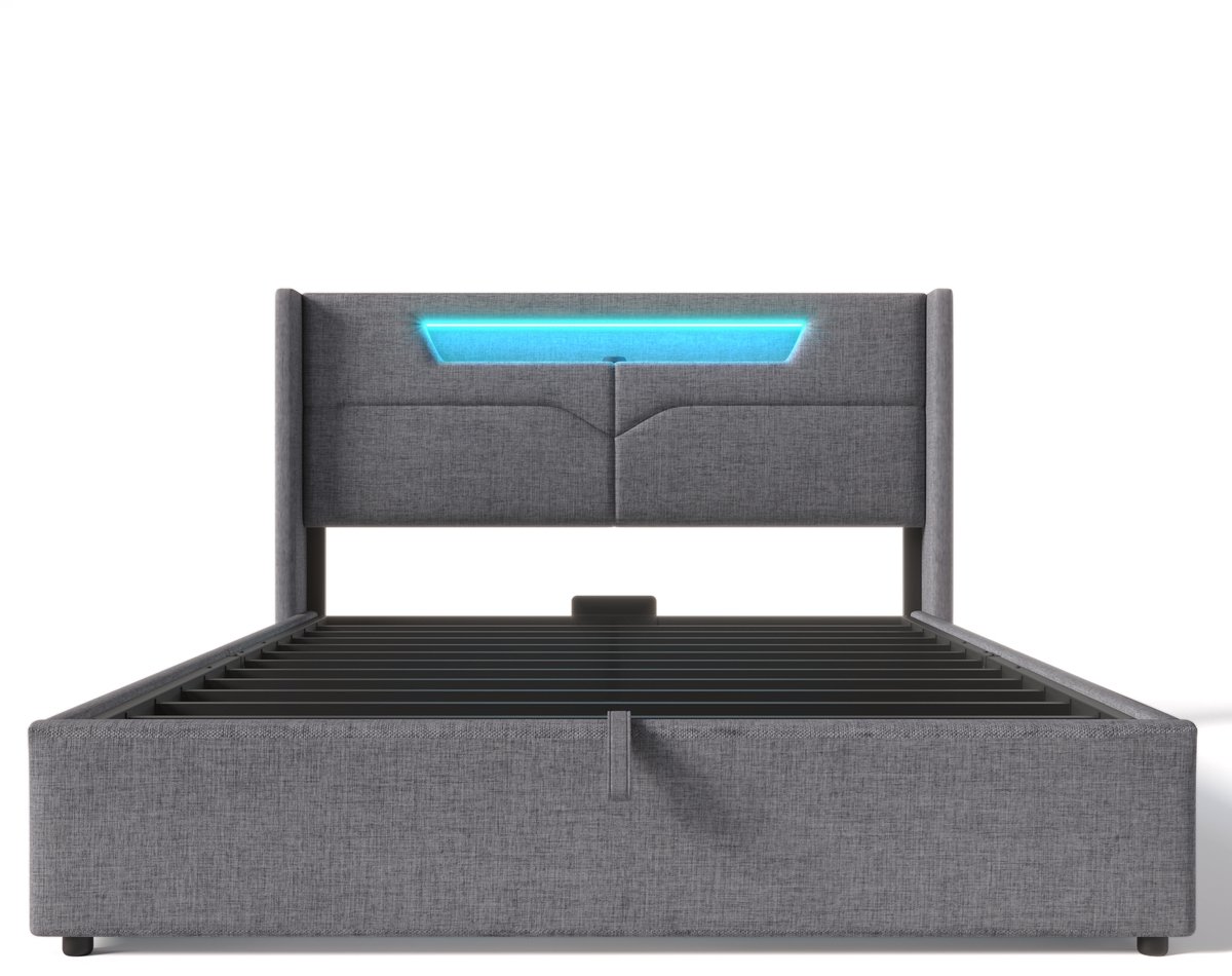 Welltin Gestoffeerd tweepersoonsbed 140x200 cm - Met LED-verlichting, USB Type-C-oplaadfunctie en LED-verlichting, opbergbed, bedframe van linnen, lattenbodem - Grijs (zonder matras)