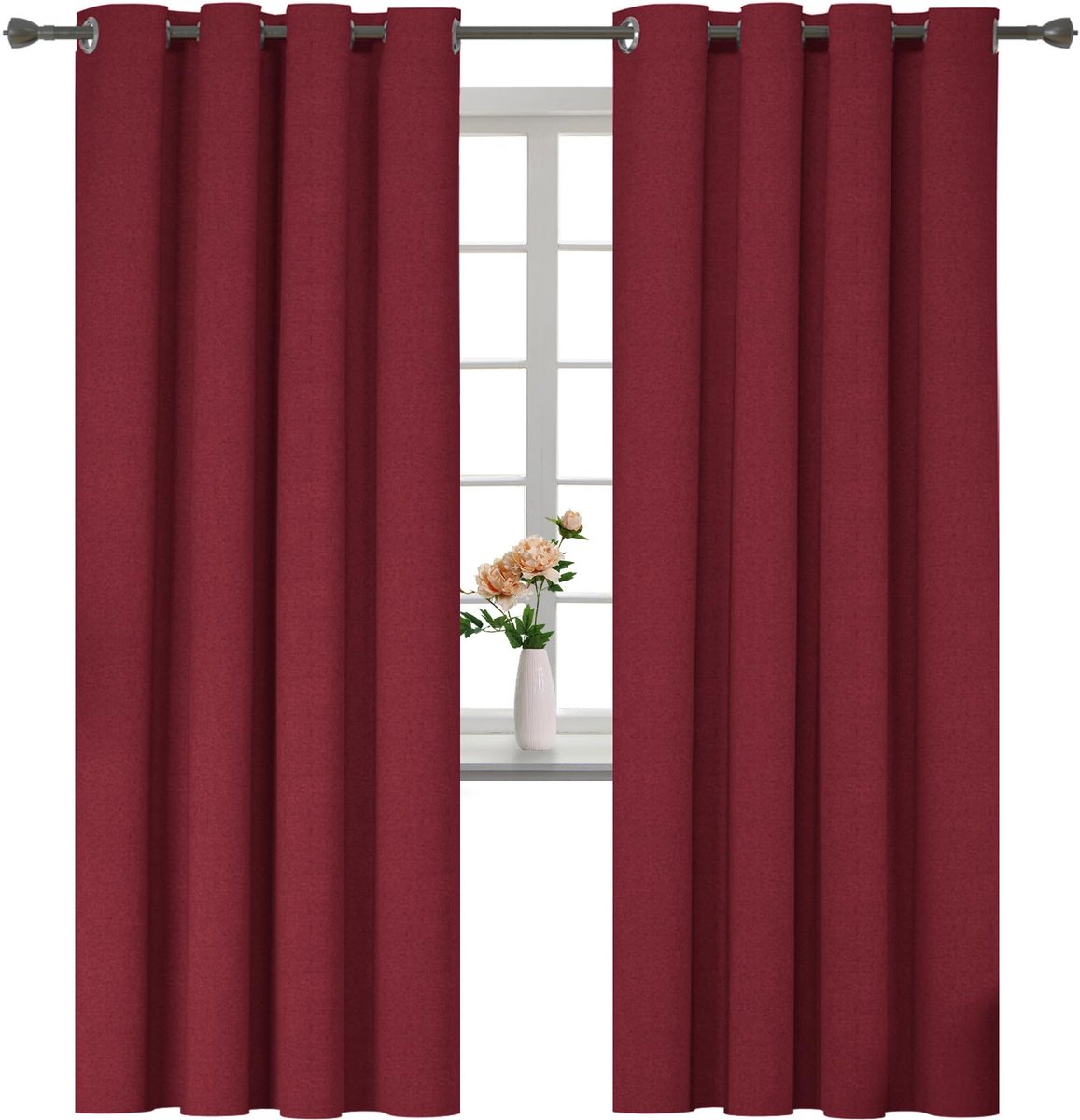 100% Verduisterend Linnen Effect Gordijnen Set Van 2, 140x240cm, Thermisch Isolerend Koud En Warm Gordijn Met Ringen, Thermogordijnen Voor Slaapkamer Woonkamer, Rood