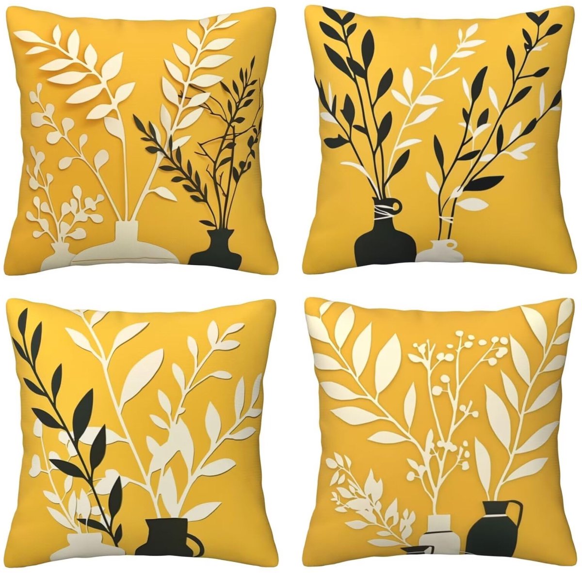 Set van 4 kussenslopen, sierkussenhoezen met witte en zwarte bladeren, 65 x 65 cm, behaaglijk, kussenhoes met onzichtbare ritssluiting, zacht, wollig, voor tuin, woonkamer, decoratie, D1621