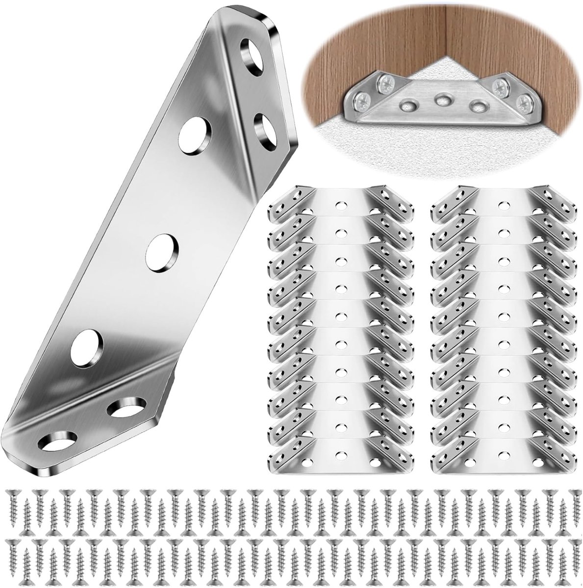20 stuks hoekverbindingen van roestvrij staal, meubelbouw, hoekverbindingen, metaal, universele hoekhoek, hoekverbindingen met schroef, driehoekige vorm, hoekklemmen, voor houten planken, kasten