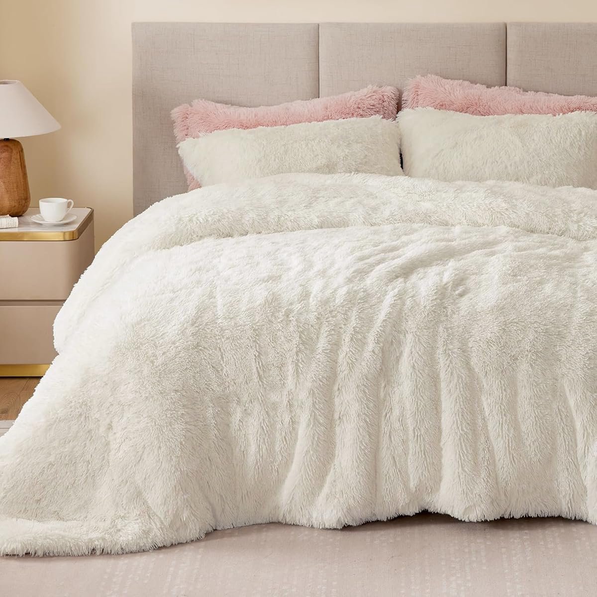 pluche beddengoedset 4-delig 135 x 200 cm wit crème warme winter pluche flanel biber meisjes 2 dekbedovertrekken met ritssluiting en 2 kussenslopen 80 x 80 cm