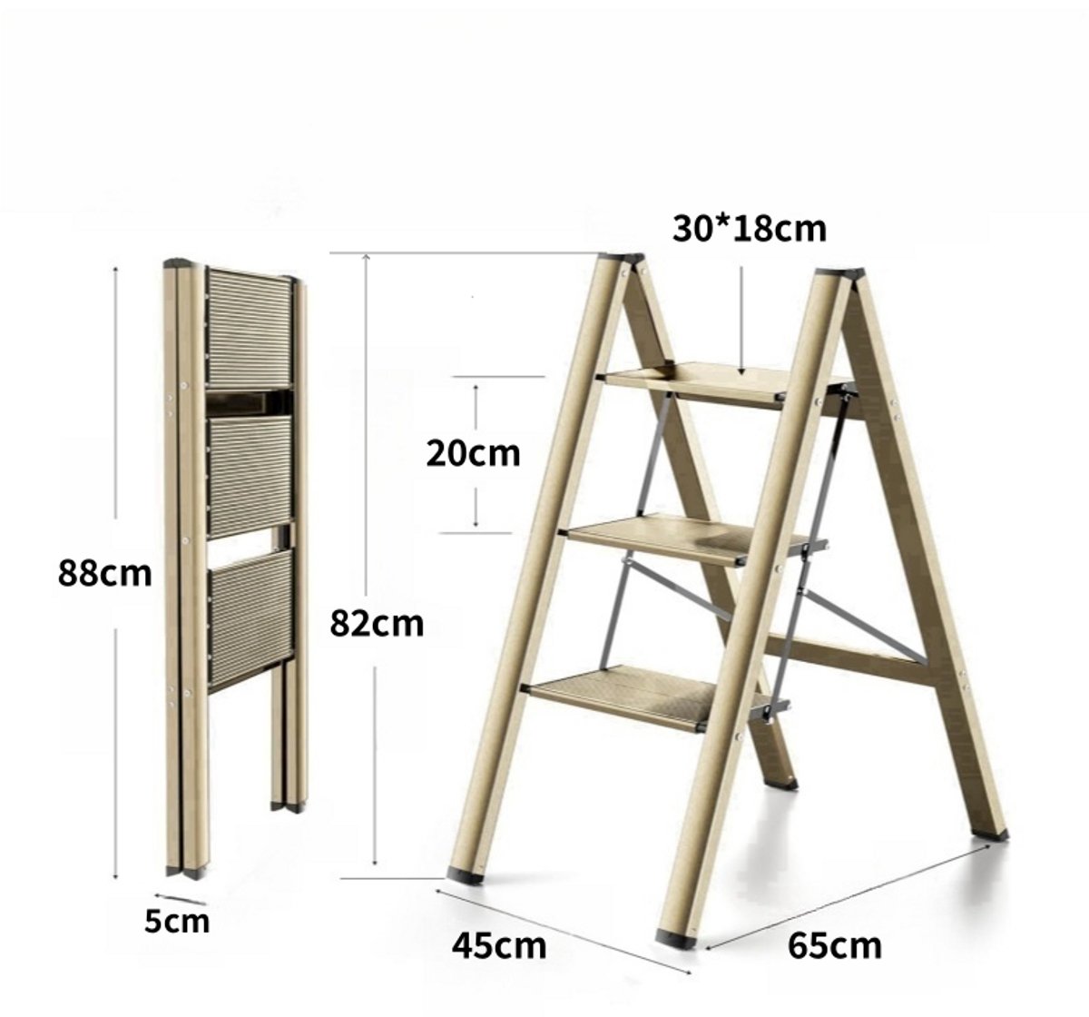 Opvouwbare trapladder - Drietrapsladder - Huishoudtrap met Brede Antislip Treden - Keukentrap - Huishoudtrap - Met antislip treden, compact op te vouwen, draagbaar - Aluminium - 82×65×45 cm - Voor thuisgebruik en keuken - Goudkleurig – foto 2