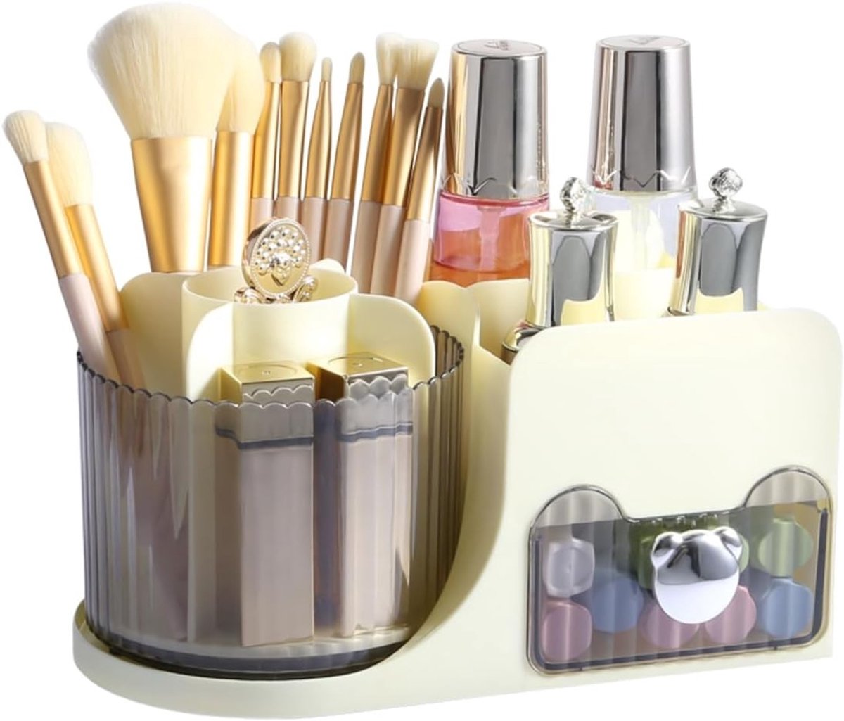 Make-up organizer met laden en 360° draaibare borstelhouder, ideale opbergdoos voor cosmetica, huidverzorging en accessoires in badkamer of op kaptafel