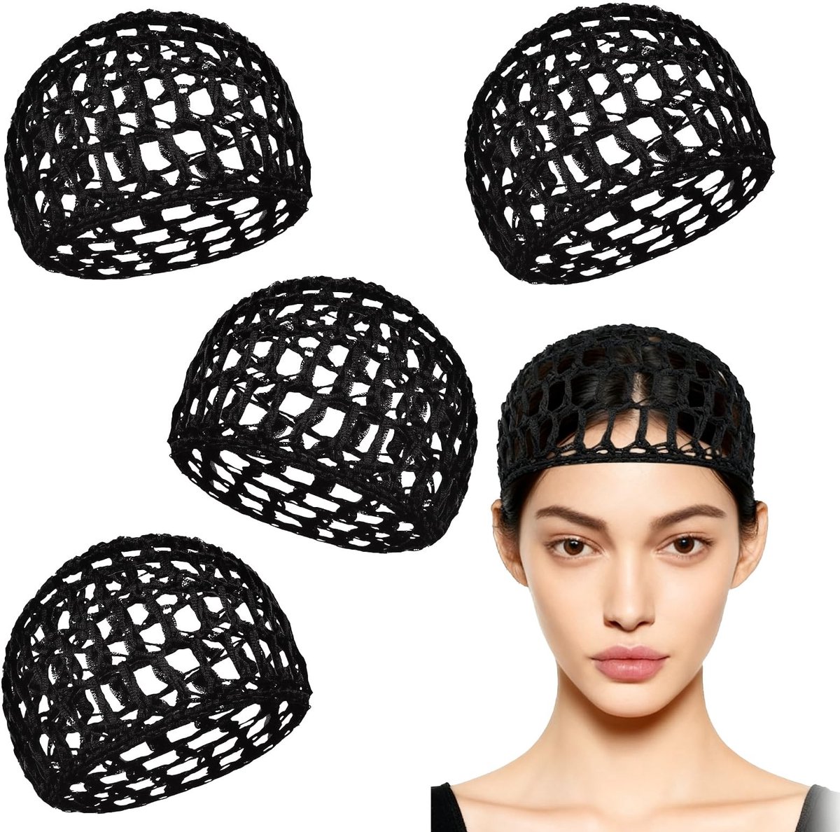 Dailygoods - 4 stuks haarnetjes om te slapen, gehaakt haarnet met bevestigingslus, zijden slaapmuts van netstof voor dames, herbruikbare netkap ter bescherming van krullend en glad haar en pruiken