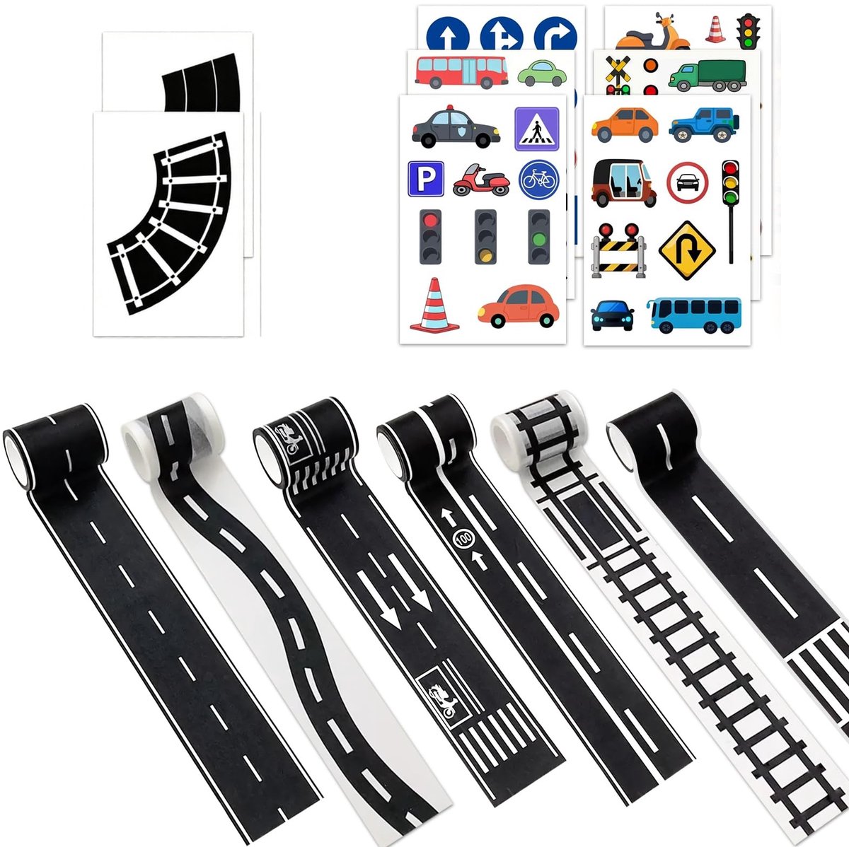 Dailygoods- Autosnelwegtape 6 Rollen - 14 Stuks - 5 cm x 5 m - Zelfklevend Plakband - Autoweg/Spoorweg - Educatief Speelgoed - Speelgoedweg