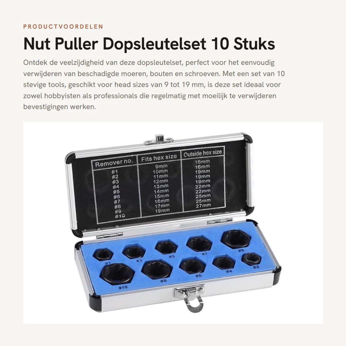 Dailygoods- Schroefextractor Set 10 Stuks - Voor het Verwijderen van Beschadigde Schroeven/Bouten - Geschikt voor Maten 9-19 mm - Duurzaam Materiaal - Eenvoudige Opslag in Koffer - Schroefverwijderaar