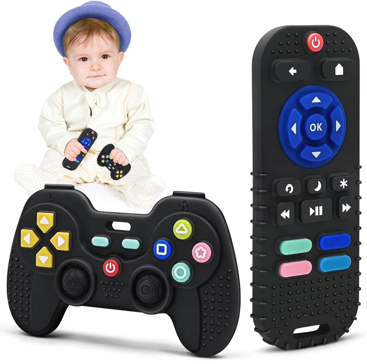 Bijtring spelletjes 3 6 9 12 maanden voor pasgeborenen jongens en meisjes geschenken, bijtring speelgoed kinderen om op te kauwen van siliconen (Zwart+Zwart）