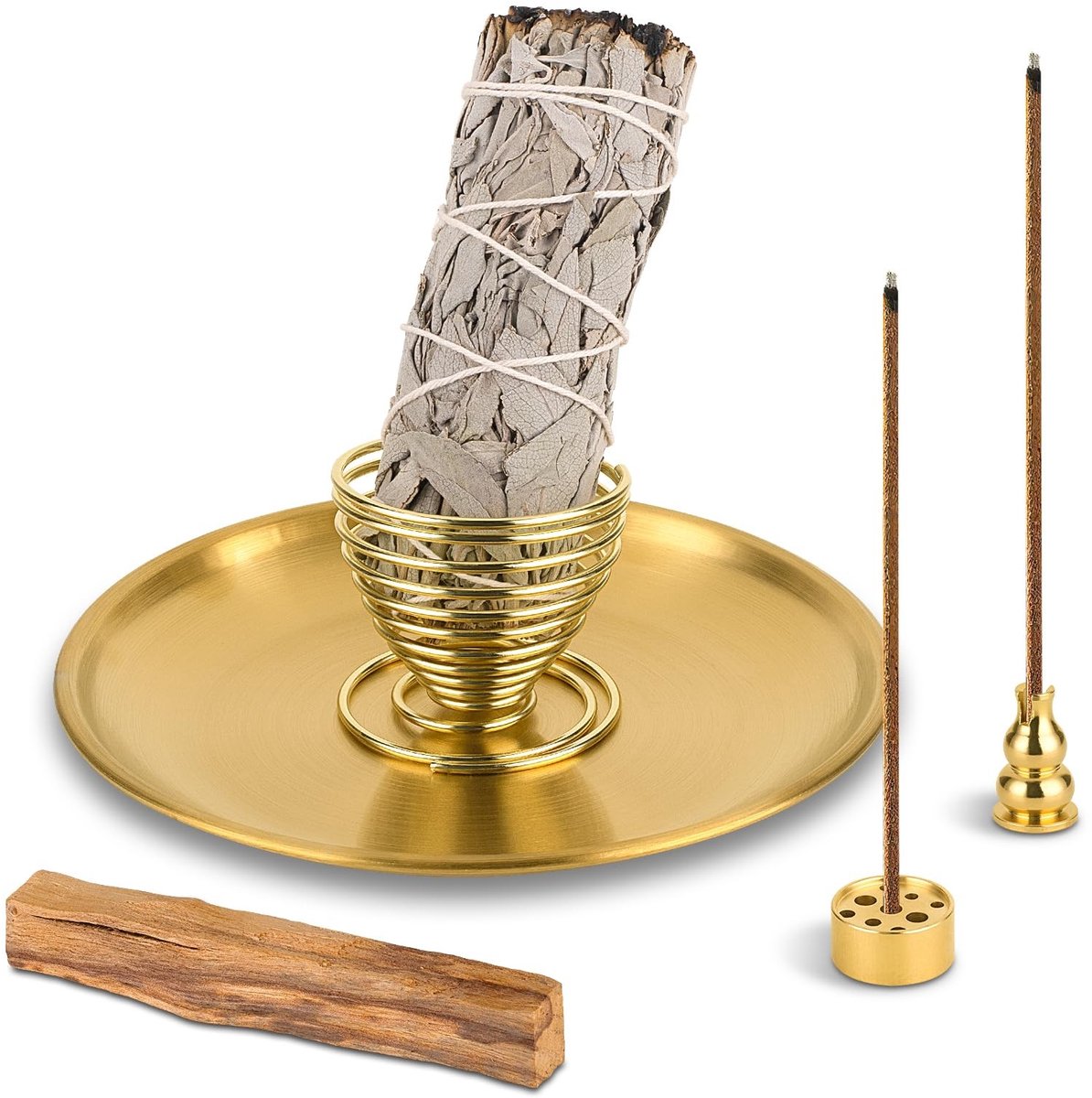 Dailygoods- Wierookhouder 5-in-1 - Aluminium Asopvangbak 14,3 cm - Messing - Palo Santo/Salie - Wierookstokjes/Wierookspoelen - Veilige Decoratie - Wierookstandaard
