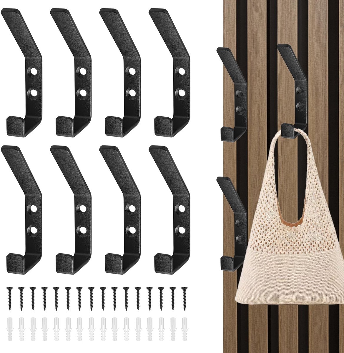 8 stuks haken voor akoestische panelen, zwarte akoestische panelen, accessoires, multifunctionele garderobehaken, akoestische panelen met 16 montageschroeven, 88 mm wandhaken voor akoestische