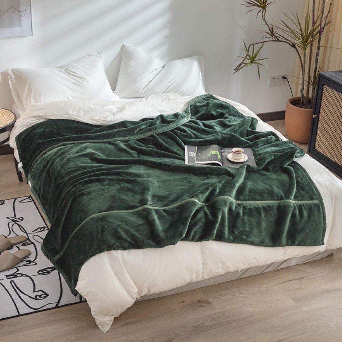 fleece werpdekens Reisformaat - Superzachte donzige warme stevige bedspreien voor bank Microfiber deken -Donkergroen_140x200cm 3,2 kg