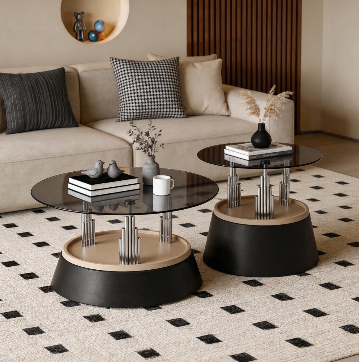 STILVORA Salontafel Set Van 2 - Rond Nesting Design Met Glasplaat - Ruimtebesparend Voor Woonkamer - Glas En Metaal - Zwart