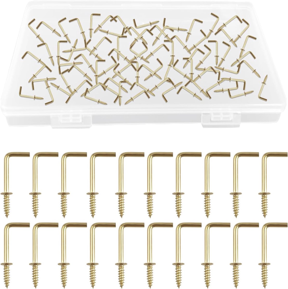 Haken, 70 stuks L-vormige haken schouders dressoir cup haken haakse haken zelftappende schroefhaken voor binnen en buiten opknoping (goud)