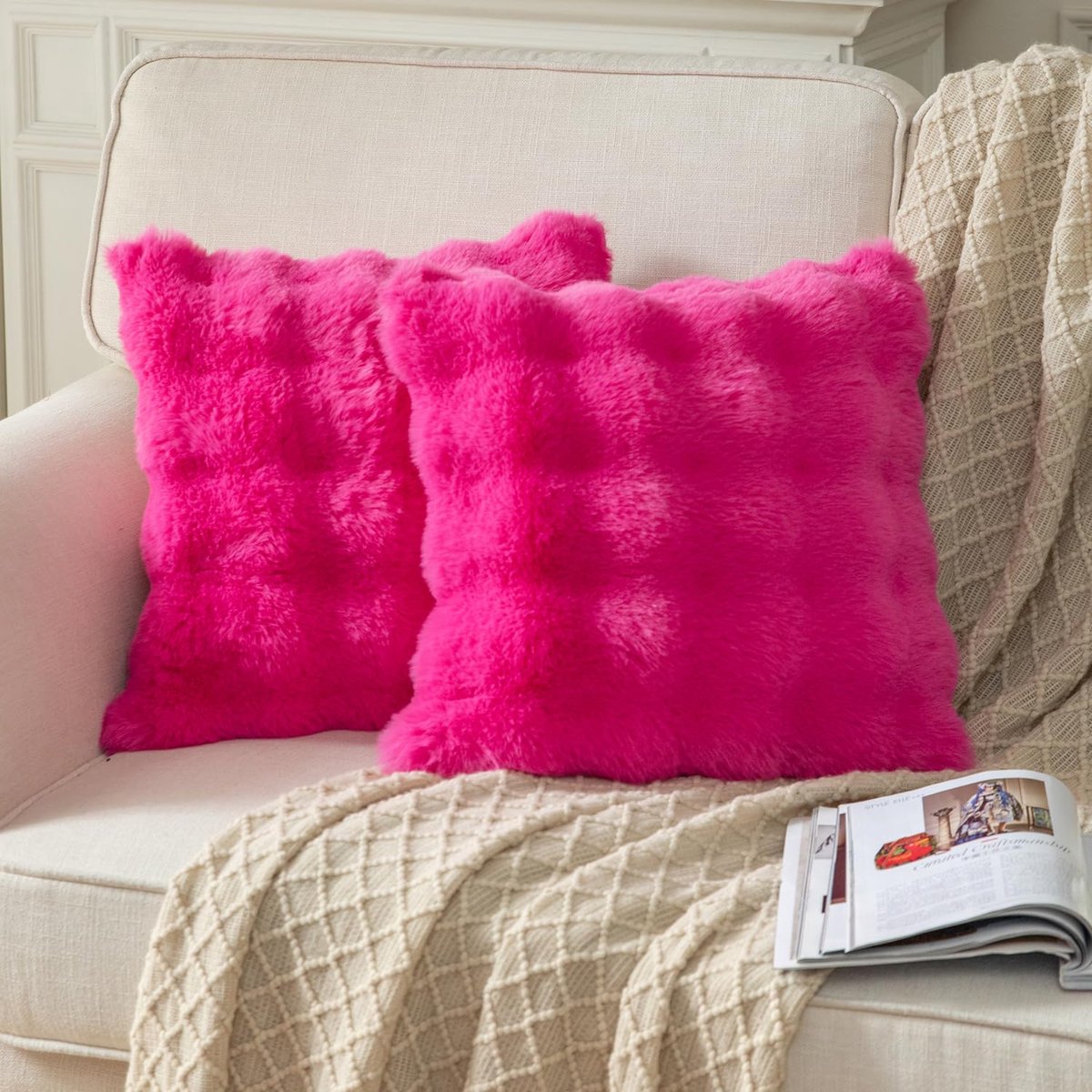 set van 2 hete roze dikke zachte wol decoratieve kussenhoezen 40 x 40 cm (16 x 16 inch) kunstbont pluche pluizige kussenhoezen voor bank slaapkamer