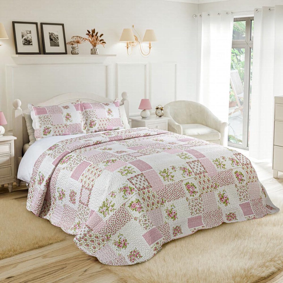 Barclay Cotswold - Gewatteerde patchwork sprei set in roze - eenpersoons